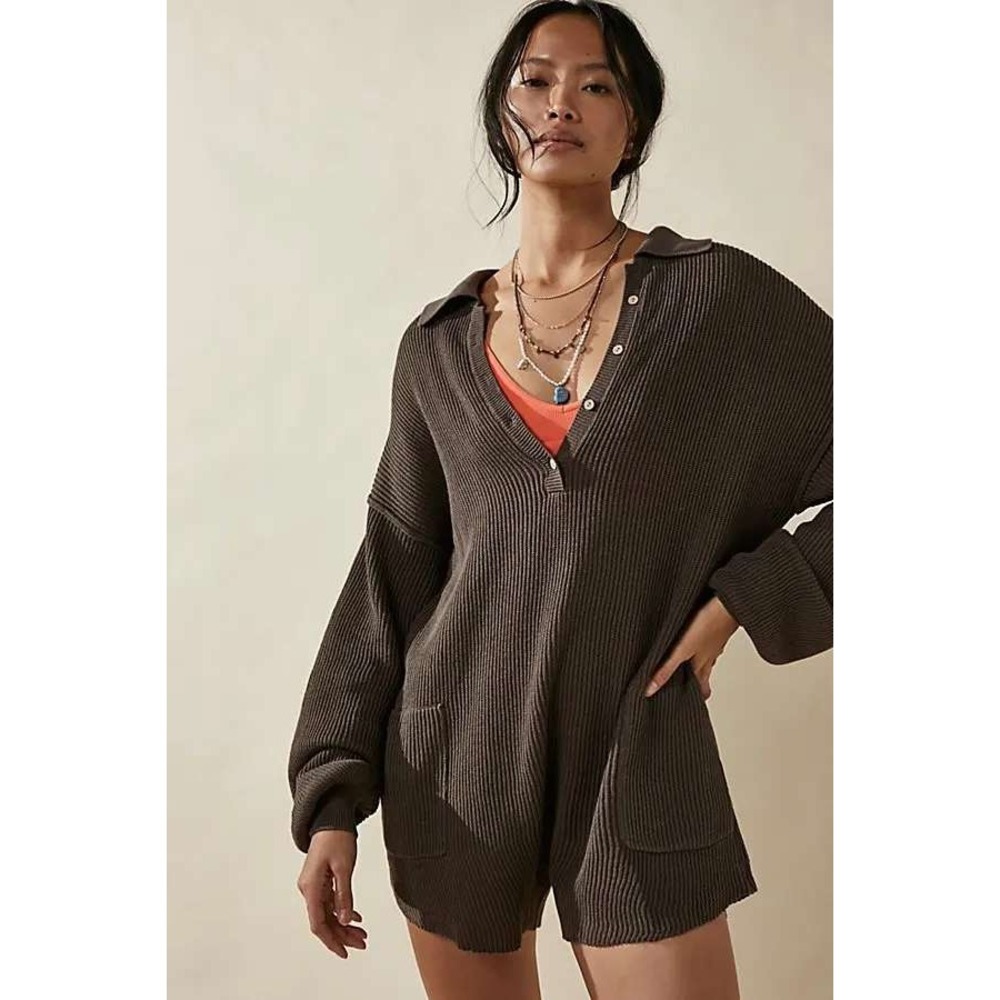Free People Picnic Sweater Romper Black Linen Cotton Ribbed Knit Medium